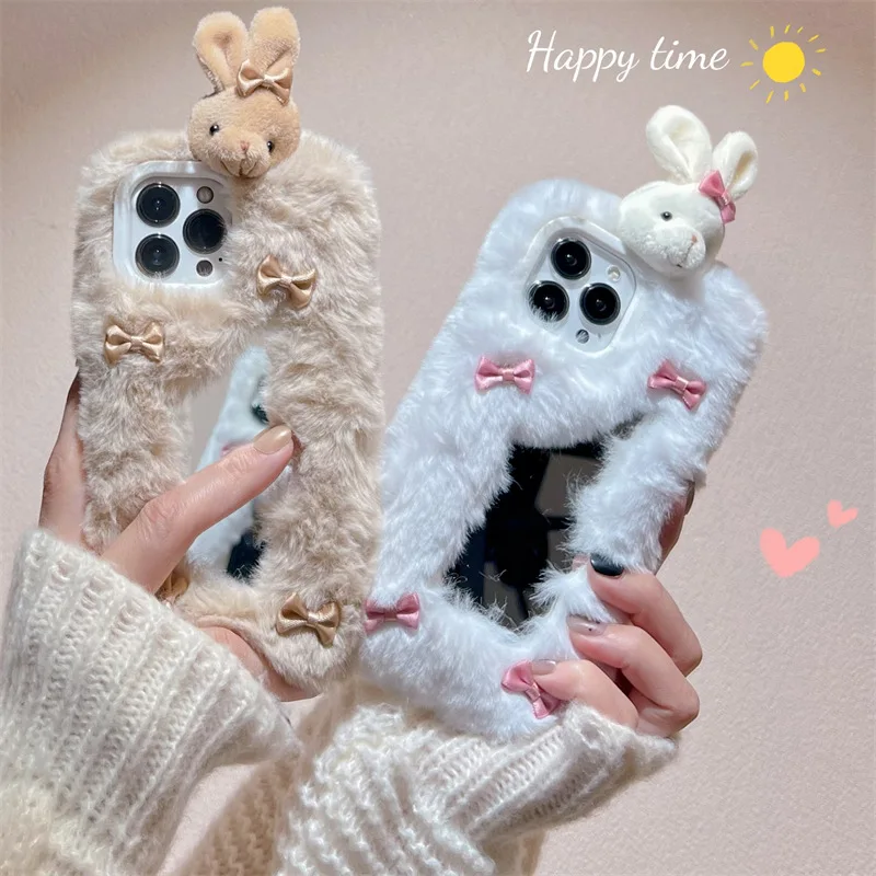 

Cute Plush Mirror Rabbit Phone Case Cover for IPhone 14 Plus 11 12 13 14 Pro Shockproof Cases for IPhone 14 Pro Max Case for 14