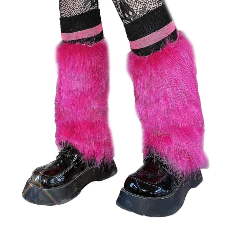 

Women Winter Vintage Rose Red Furry Leg Warmers Stockings Harajuku Gothic Leggings Boots Cuffs Covers Faux Fur Calf Sock