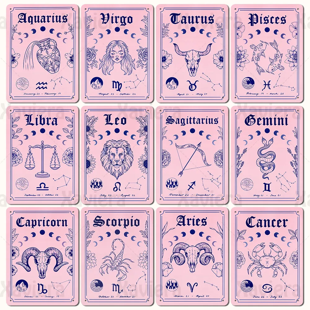 

Zodiac Astrology Metal Tin Sign Abstract Horoscope Pink Decorative Plate Leo Aquarius Pisces Art Poster Wall Sticker Home Decor