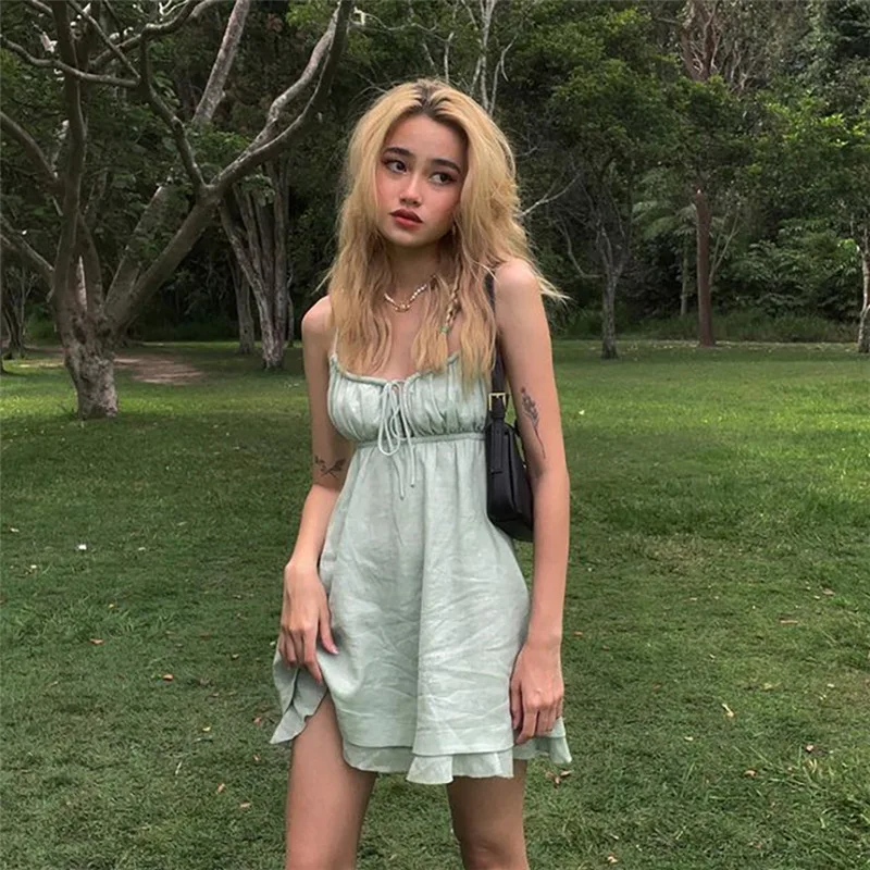 

2022 spring and summer new women's high waist loose solid color open back fashion suspender dress sexy dress elegant dress ruffl