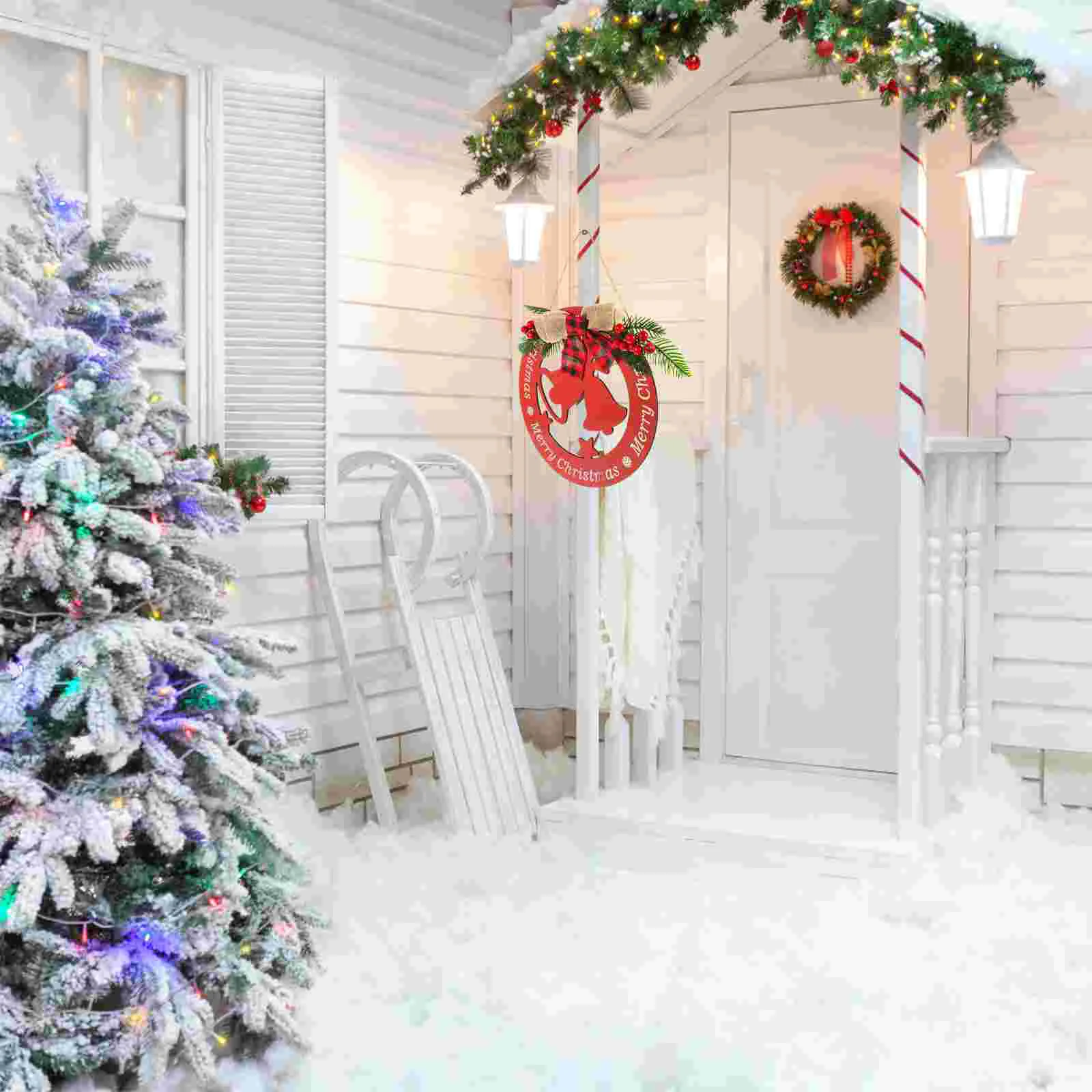 

Christmas Sign Hanging Bell Xmas Ornaments Wall Holiday Wood Wooden Tree Merry Decoration Wreath Plaque Wreaths Pendant Round