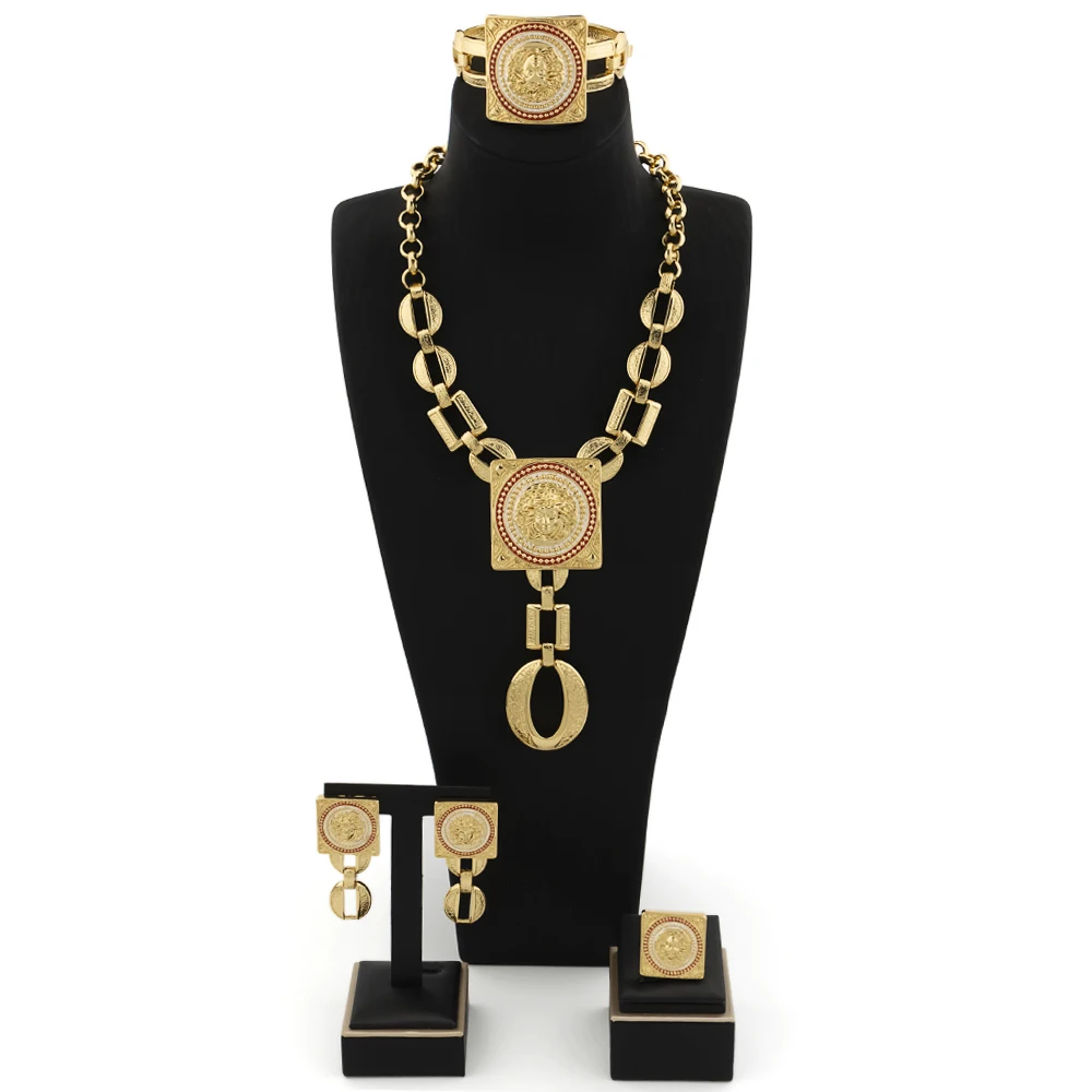 

YM Gold Plated Jewelry Set For Women Dubai Luxury Bridal Wedding Party Copper Bracelet Earrings Ring African Necklace Choker
