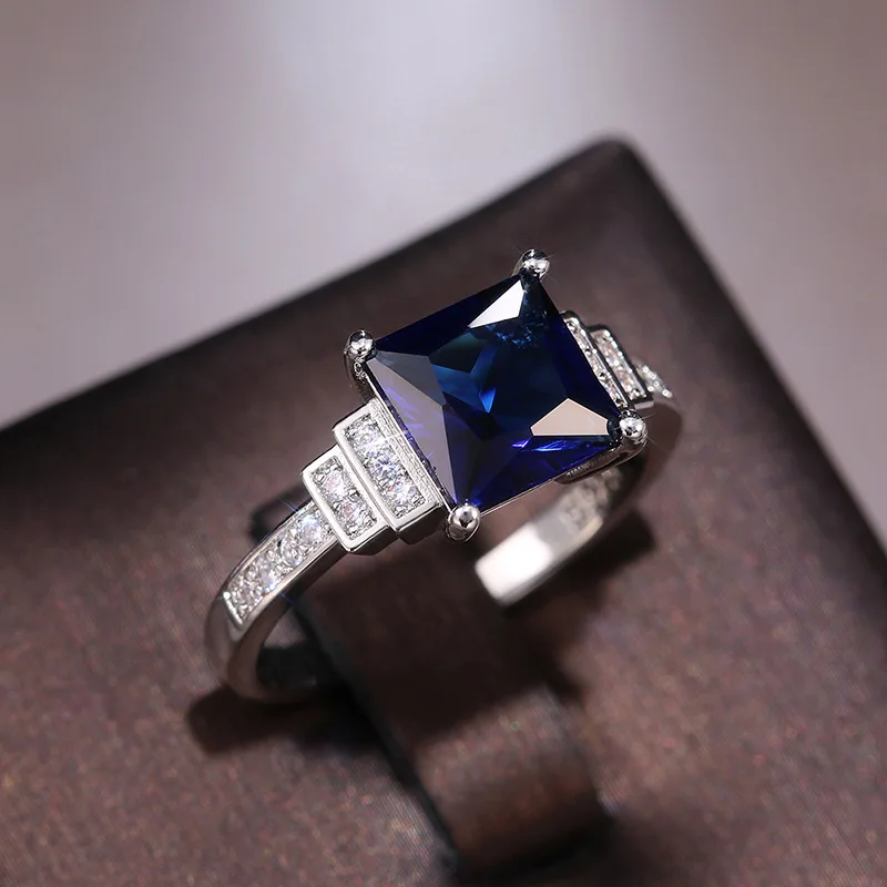

Dongdong Fashion Ladies Square Cut Blue Zirconium Inlaid Ring Vintage Design Ladies Wedding Jewelry Hot Ring