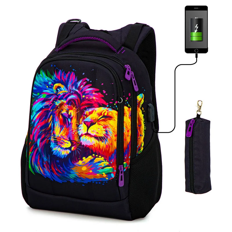 

Orthopedic School Bag For Girls 3D Tiger Animal Prints Backpacks USB Charging Multifunctional Bagpack Teenagers Bookbag Mochilas