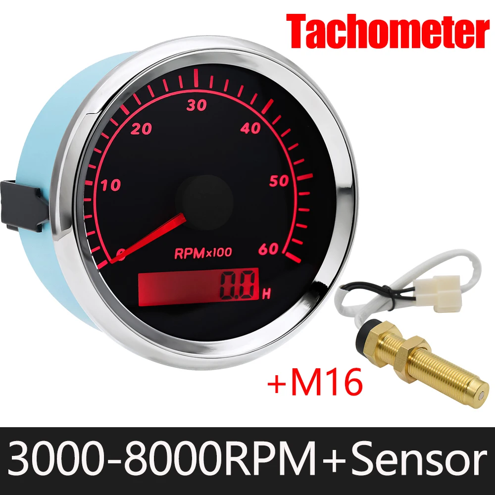 

Universal 85mm Car Tachometer LCD Hourmeter 3000-8000rpm Boat Tachometer Marine Tacho Meter Gauge Red Backlight 9~32V for Car