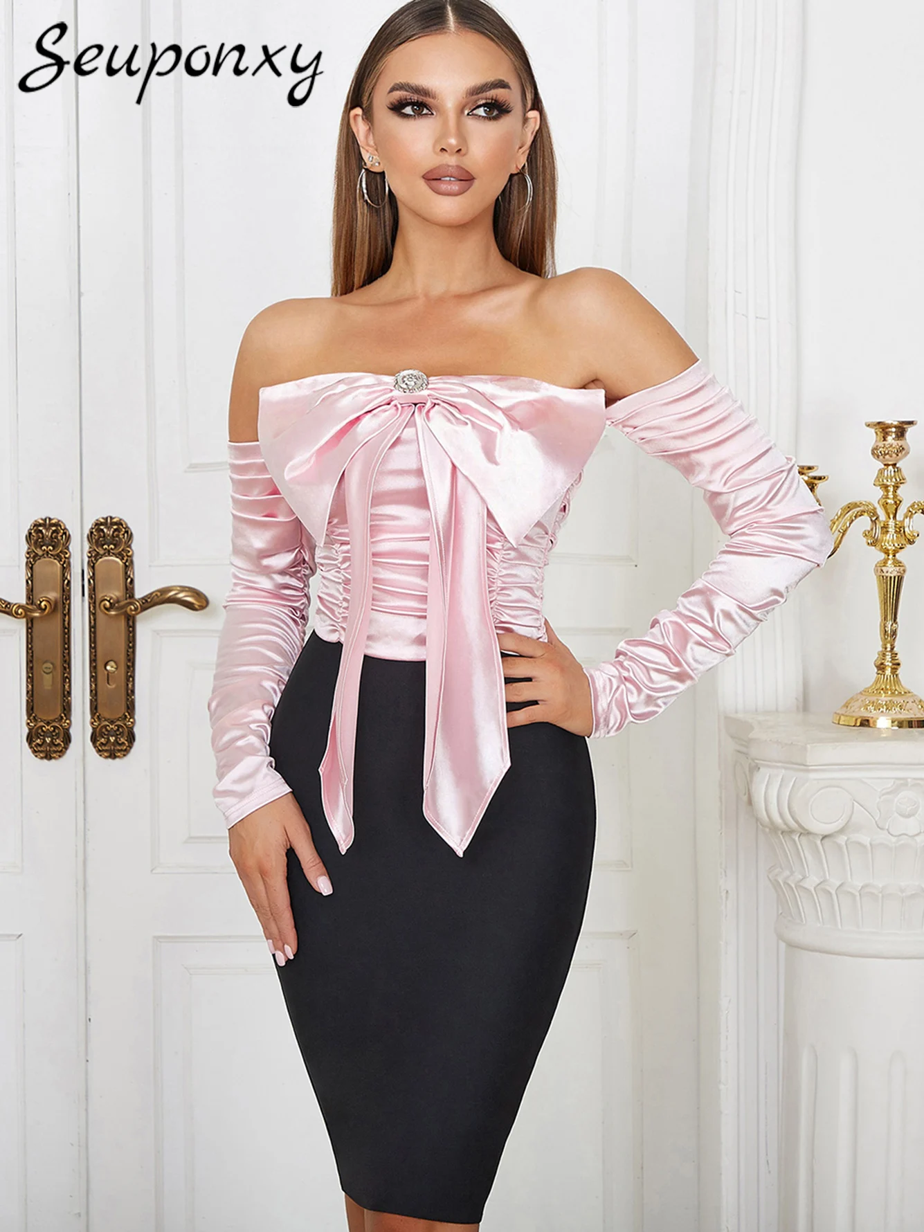 

Женское плиссированное платье с бантом, элегантное вечернее Клубное платье с открытыми плечами и длинными рукавами, лето 2023