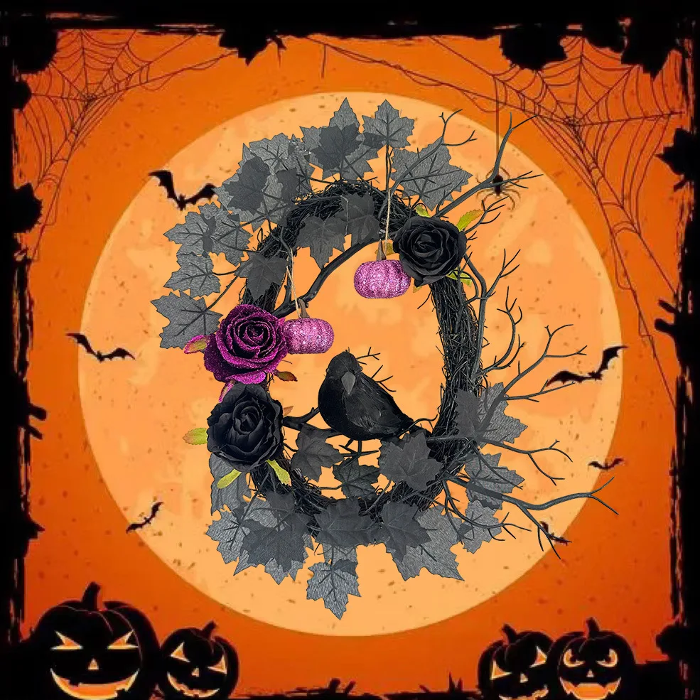 

Счастливый венок на Хэллоуин для входной двери с черной вороной, искусственная Роза, украшения на Хэллоуин с фотографией, искусственный Декор на Хэллоуин