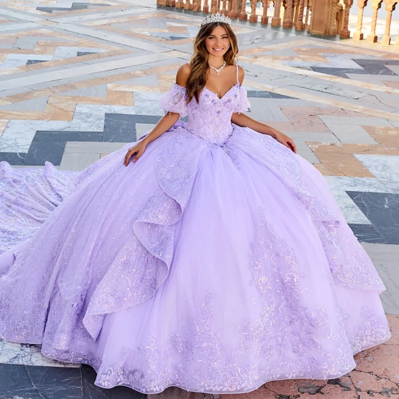 Lavender Lilac Quinceanera Dresses Ball Gown Sequin Applique Beading Crystal Tulle Party Birthday Corset Sweet 16 Vestidos De XV