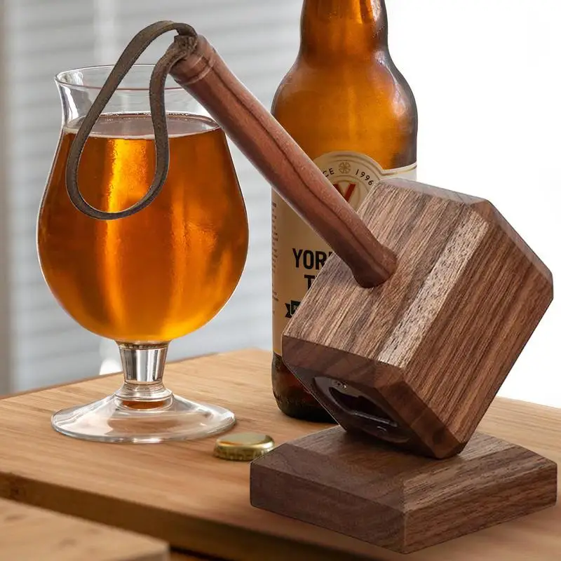 

Hammer Shape Bottle Opener With Magnetic Base Wooden Beer Bottle Opener Multifunction Long Handle Soda Bottles Caps Remover