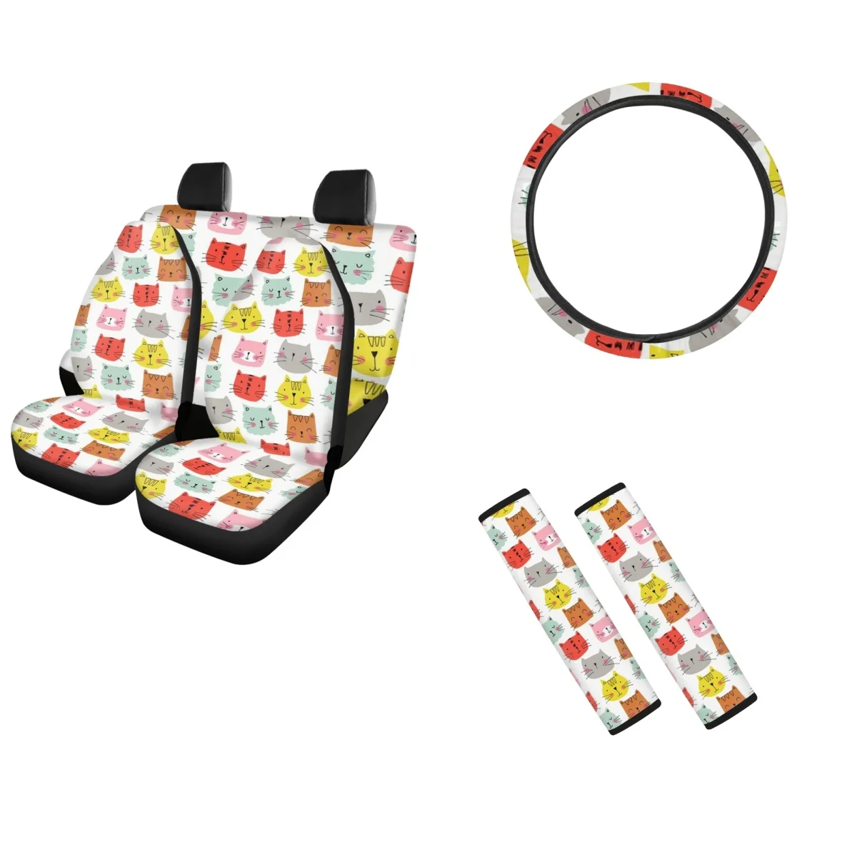 

Remove Car Seat Cover Cartoon Cats Pattern Full Set Vehicle Seat Protector Shoulder Strap Pads Steering Wheel Cover Fashion