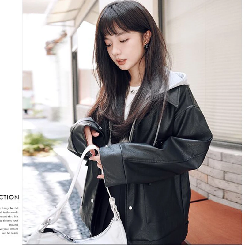 New women's black imitation leather windbreaker pullover popular fake two piece leather jacket pullover long sleeve Korean tops enlarge