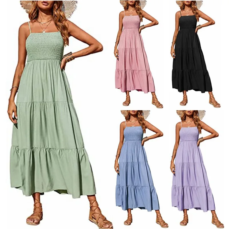 

Women Sundress Sleeveless Dress shoulder strap Ruffles Maxi Dress for Dating Beach Tiered Long Dress Elegant Women's Clothing