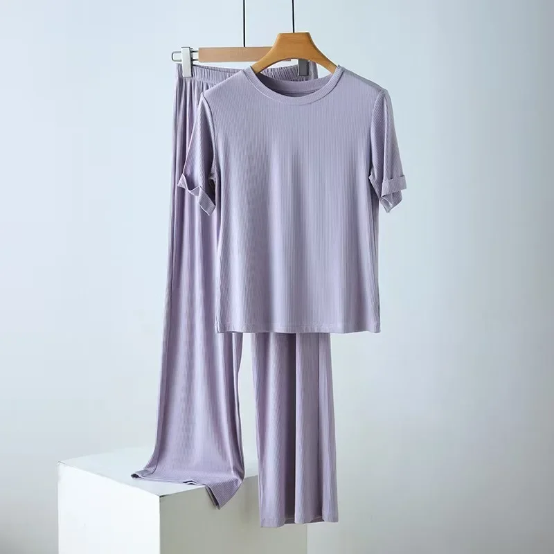 2025 new cotton soft and comfortable small thread short-sleeved trousers pajamas pants set vertical stripe round neck lounn
