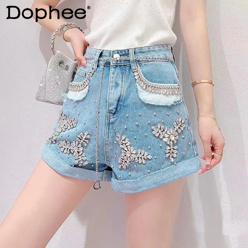 

Denim Shorts Women's 2022 Summer New Sweet Heavy Work Rhinestone Design High Waist Slimming Wide Leg Hot Pants Fashion