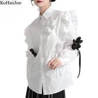 kohuijoo ruffle design shirt white women three dimensional flower turndown collar drawstring fashion blouse woman loose tops