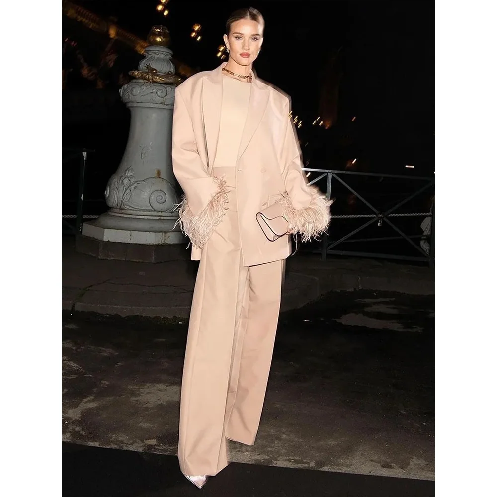 

23 years new niche light luxury large flip collar mouth open fork feather mid-length loose casual blazer female