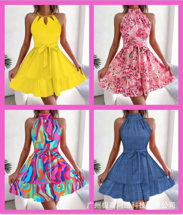 

2023 Spring and Summer New Women's Temperament Elegant Birthday Party Short Dress Sleeveless Tie Ruffle Large Swing Floral Dress