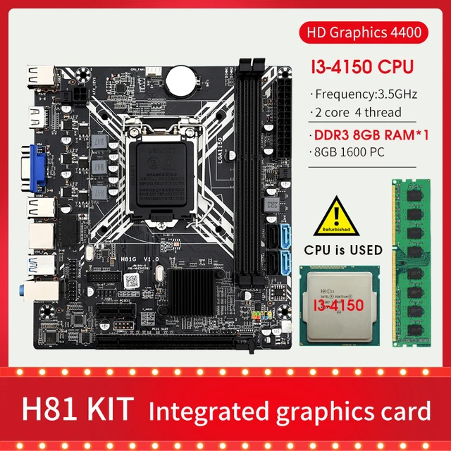 H81 Mainboard LGA 1150 with core I3-4150 processor DDR3 8GB 1600MHz PC RAM memory, support USB3.0 SATA3.0 1
