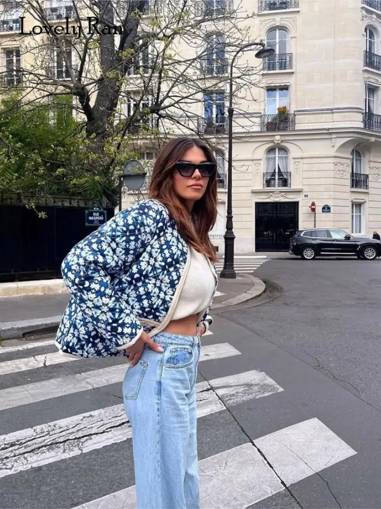 

Fashion Blue Printed Warm Cotton Jacket Tops For Women Casual Thick Warm Long Sleeve Spliced Coat 2023 Chic Female Warm Outwear