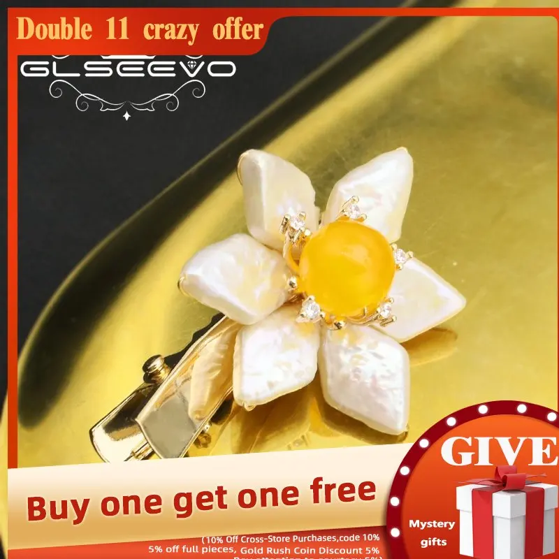 

GLSEEVO Natural Baroque Pearls Yellow Jade Floral Women Hair Accessories Japanese Fashion Elegant Jewelry Betrothal Gift GH0063