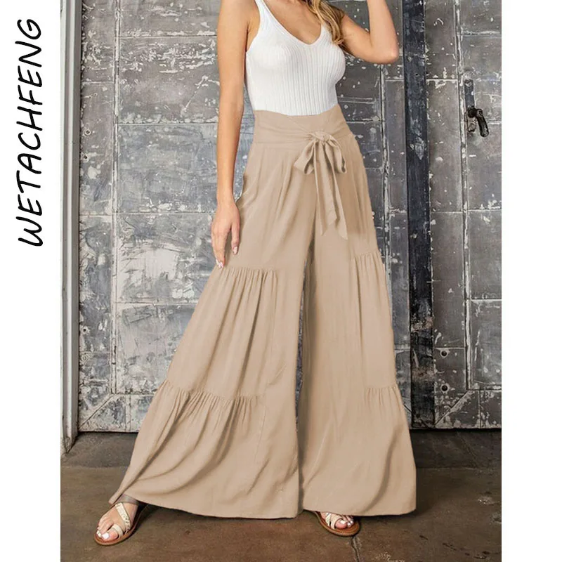

Summer Beach Wide Leg Pants For Women Elegant Elastic High Waist Lace Up 2022 Fashion Loose Long Pants Folds Pant Trousers Femme