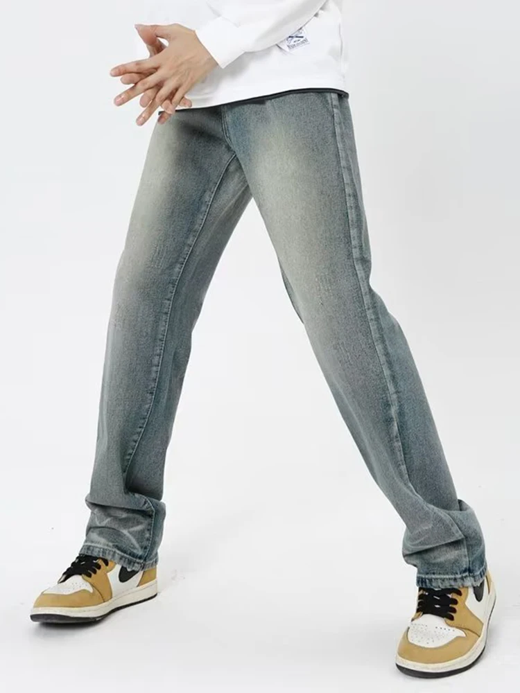 Four Seasons Men Jeans Antique Jeans Beard Effect Washed Straight Tube Denim Jeans Motorcycle Jeans Street Costume Ins Hot Sale
