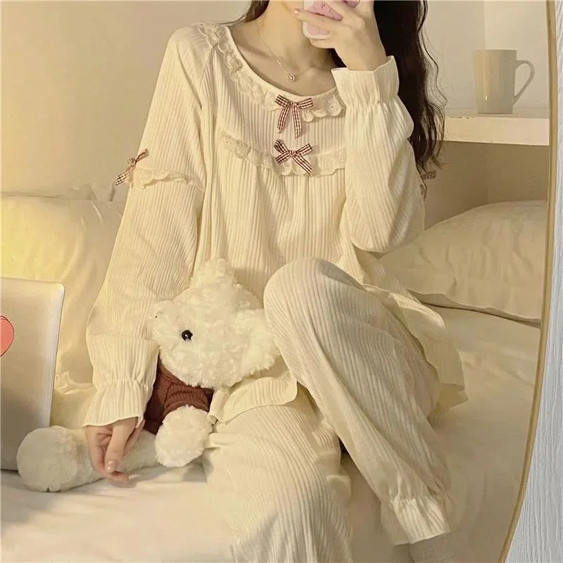 Women's Pajamas Set Sleepwear Cute Sweet Bow Princess Elastic Full-Sleeve Flower Print Pyjama Autumn Fashion Homewear Big Size