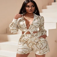 2022 new women stand collar print cardigan shorts two pieces suits long sleeve shirts high waist wide leg short sets ladies