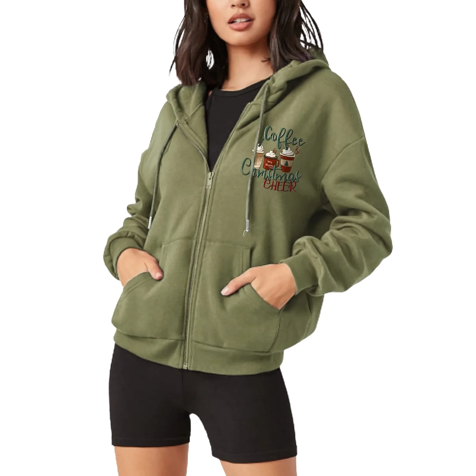 

Women's Casual Long Sleeve Zip Up Drawstring Coffee Print Sweatshirt Hoodie Jacket With Pockets Boys Half Zip Sweater