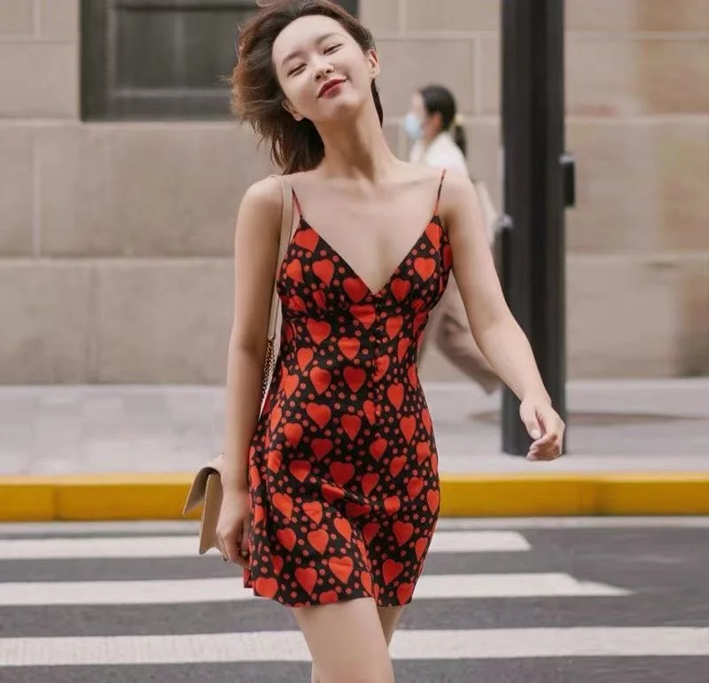 

Women's Heart Shape and Dot Print Strapless Retro Buttons Mini Sling Dress