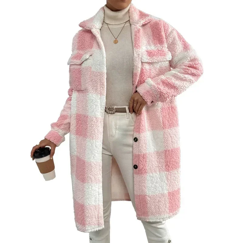 Женские клетчатые кардиганы с отложным воротником и длинными рукавами на