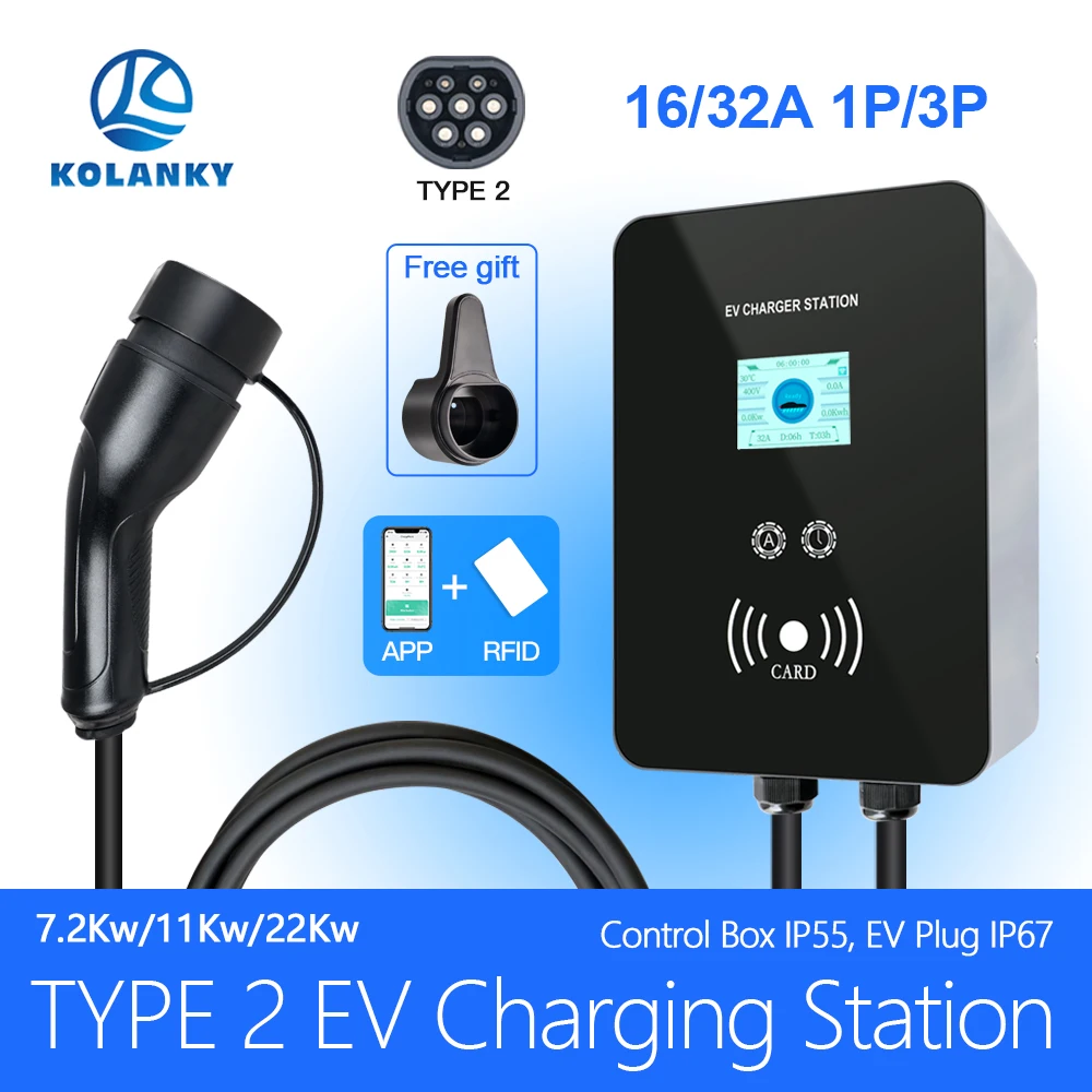 Kolanky EV зарядная станция Wallbox 32A 7 2 22KW Tuya APP Тип IEC-62169 быстрое зарядное устройство для