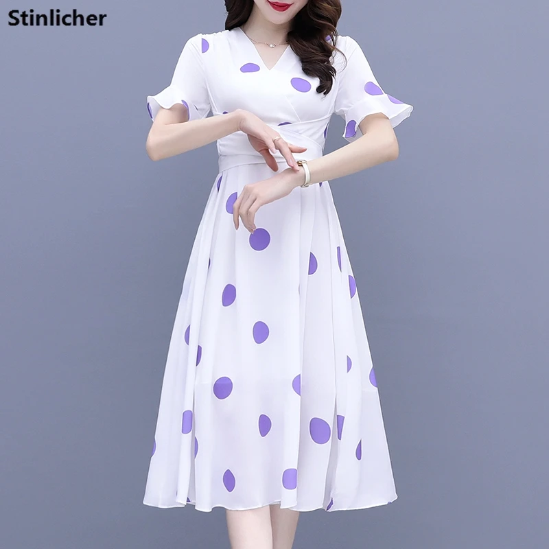 

Summer Dresses Woman 2022 Elegant Casual White Polka Dot Chiffon Party Long Dress Lace-Up Bandage Beach Dress Female Vestidos