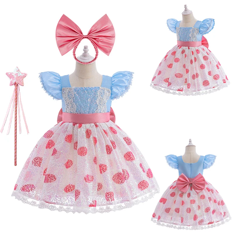 New Movies Costumes for Girls Cosplay Toy Princess Bo Peep Dot Sequin Lace Dress With Headband Summer Fancy Girl Party Ball Gown