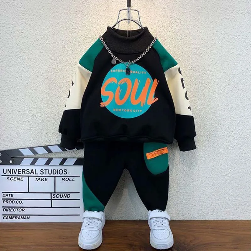 

Модные комплекты для мальчиков, весенне-осенний Повседневный свитер с буквенным принтом, джемпер, костюм, детская спортивная одежда, свитшот + штаны