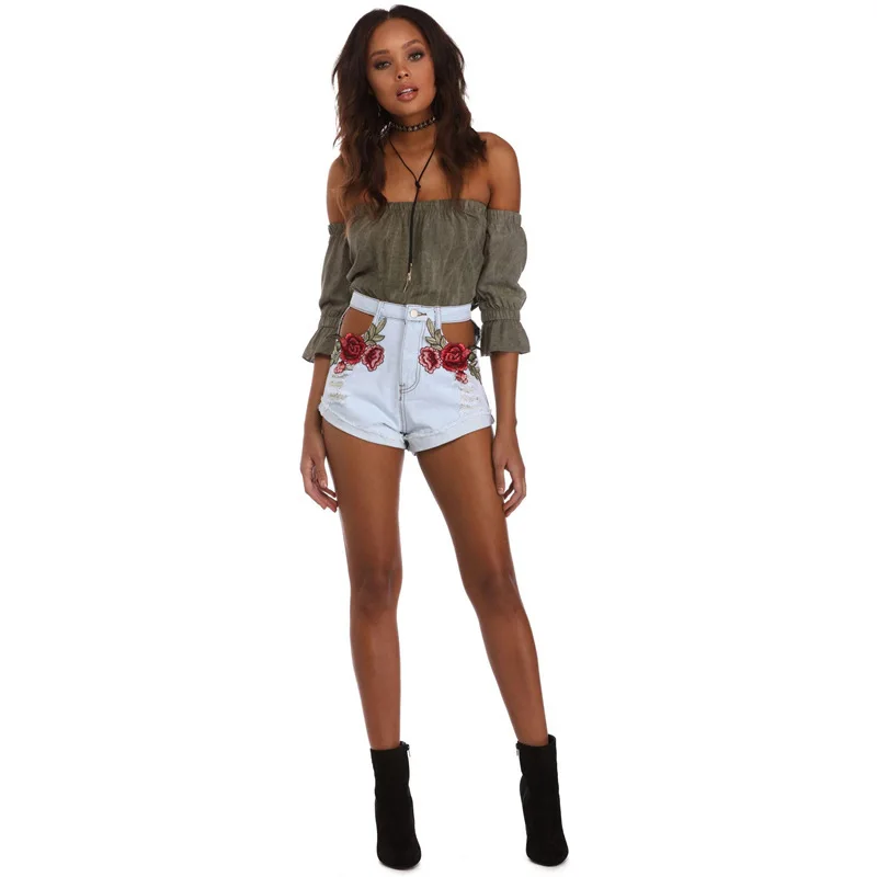 Women's Summer Low Waist Denim Sexy Hollow Rose Embroidery Solid Color Shorts Loose All-Match Streetwear Europe and American