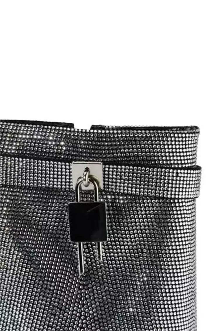 Brand Design Metal Lock Women Knee High Boots sexy rhinestone peep toe high wedges woman shoes Wedding Nightclub Party Long Boot