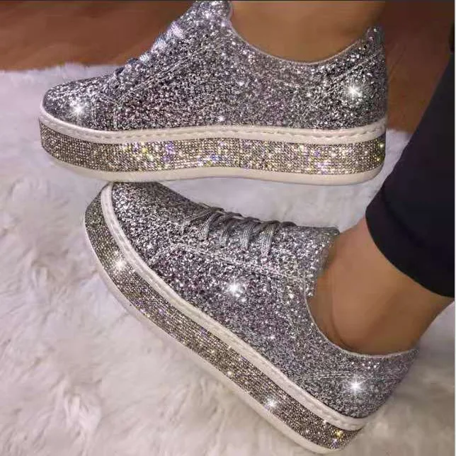 

2022 New Women Vulcanize Shoes Sneakers Sliver Bling Shoes Girl Flat Glitter Sneakers Casual Female Breathable Lace Up Shoes