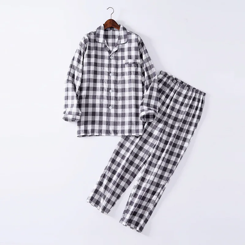

Men's Spring and Summer Cotton Pajamas Suits Casual Home Wear Cotton Plaid Design Simple Pajama Set Mens Sleepwear