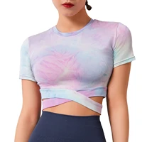 tie dye womens yoga top quick dry outfit wear crossed bottom active short sleeves t shirt