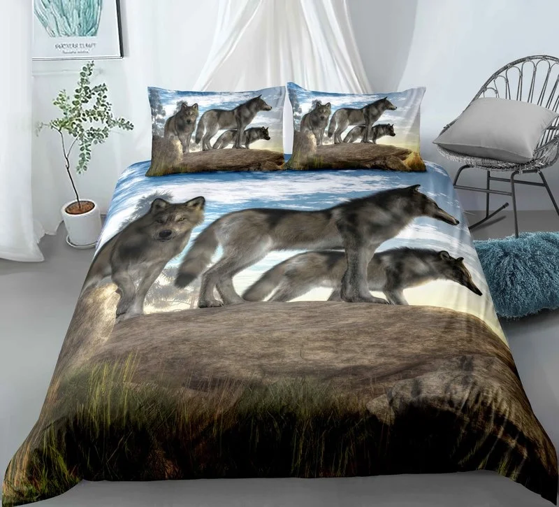 

New Wolf Bedding Set Single Twin Full Queen King Size Animal Bloodthirsty Wolf Bed Set Aldult Kid Bedroom Duvetcover Sets 3D 035