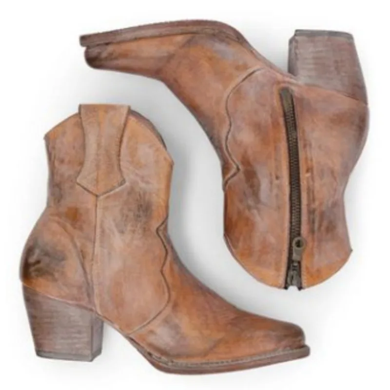 Wedge Western Boots Women Shoes 2022 Pointed Toe Chunky Heels Ankle Boots Plus Size 34-43 Cowgirl Short Booties Bota Feminina