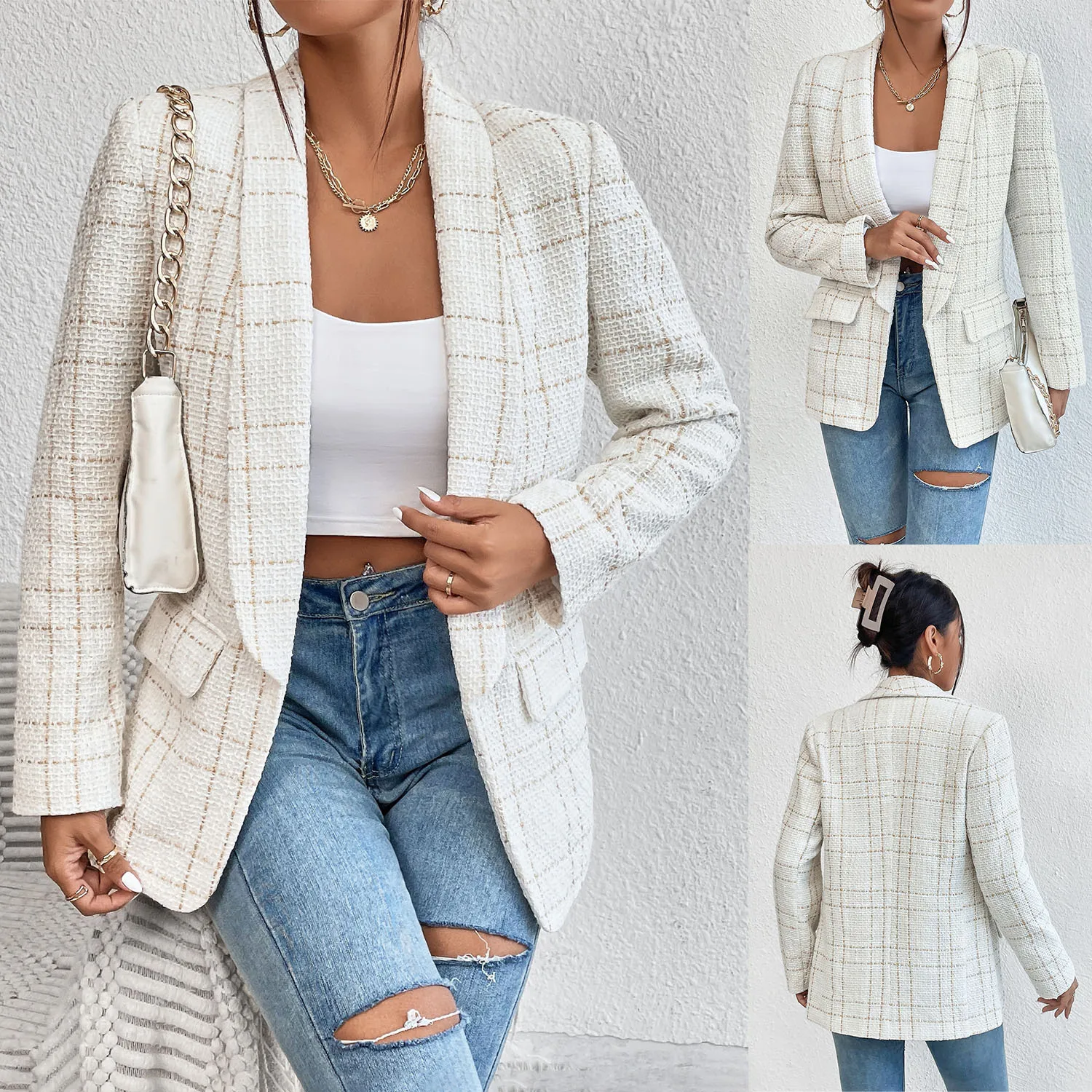 

Осенне-зимний женский элегантный клетчатый костюм-поло с воротником и длинным рукавом