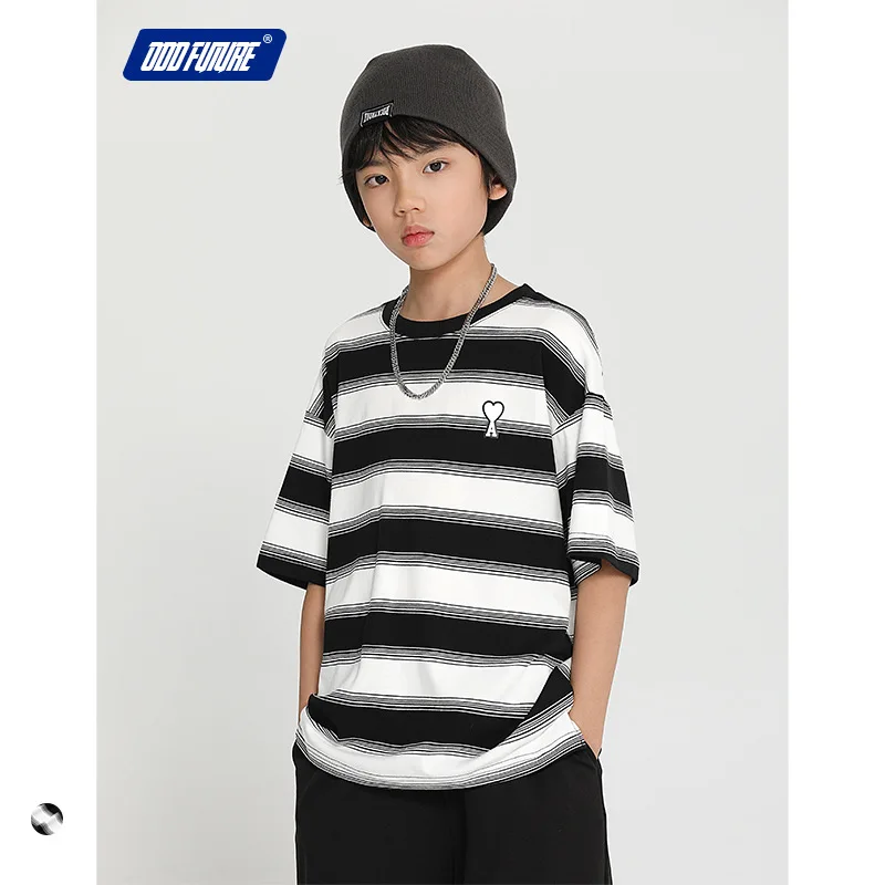 

Short T-shirt for a boy Toddler Teenager Desginer Fashion Striped boys clothes Unisex Hip-hop Street Dance Wear Tops 6-8-12-14Y