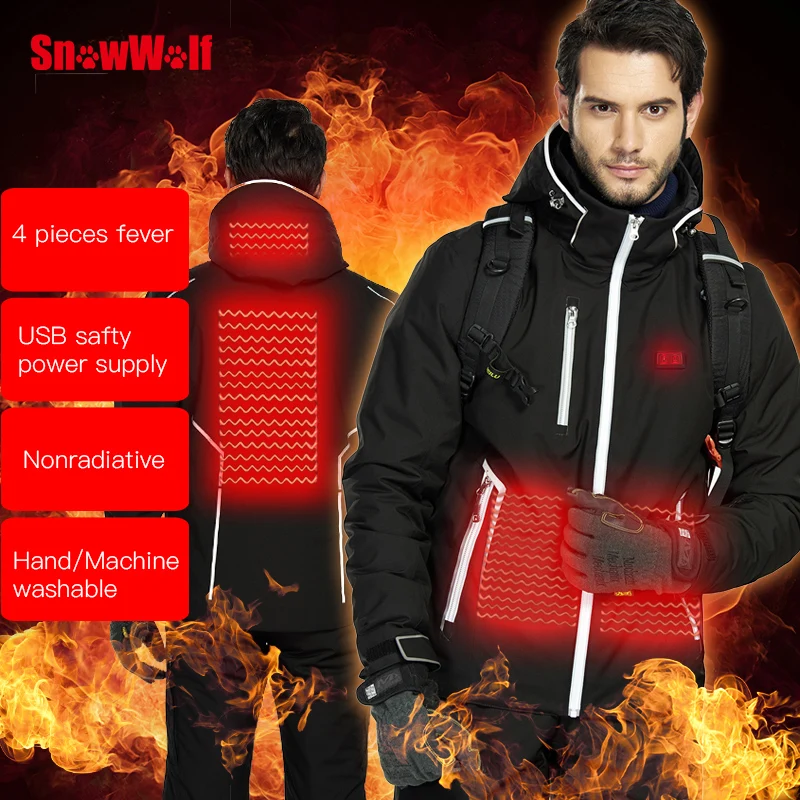 Snowwolf Winter Ski Suit Men USB Heated Hooded Jacket Male Outdoor Waterproof Windproof Breathable Thermal Snowboard Coat