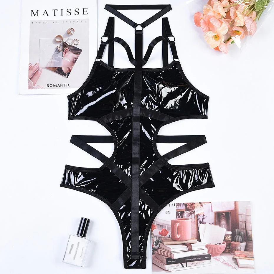 JSY Sexy Bodysuit Lingerie Black Leather Women's Underwear Hollow Out PU Teddies Erotic Catsuit Lingerie Porno Costumes Outfits