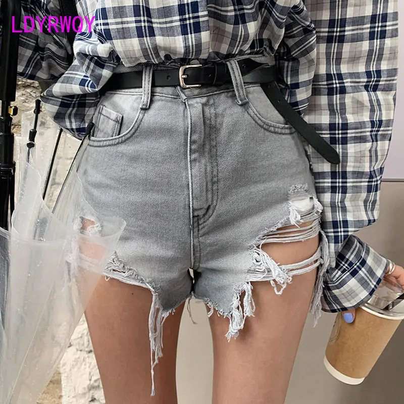 Denim shorts for women's summer new Korean version loose and handcrafted, worn out trend, wide legs, high waist