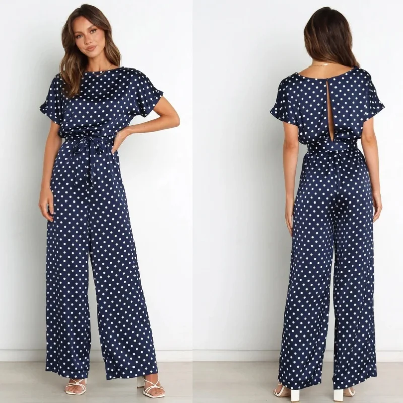 

2022New Year Hot Sale Batwing Sleeve Sleeve Polka Dot Waist Lace-up Jumpsuit
