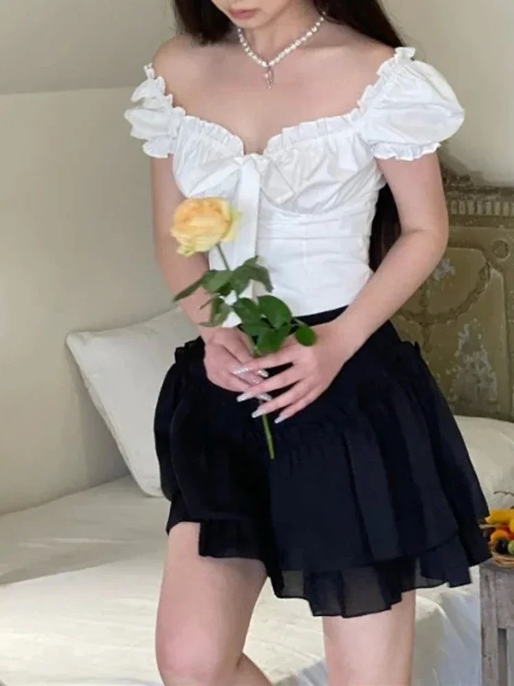 Женский короткий топ с коротким рукавом Повседневная белая рубашка бантом и