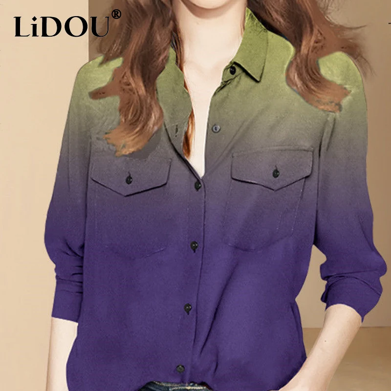 

Spring Autumn Street Style Fashion Turn Down Collar Pocket Trend Gradient Vintage Blouse Female Long Sleeve Popularty Shirt Top